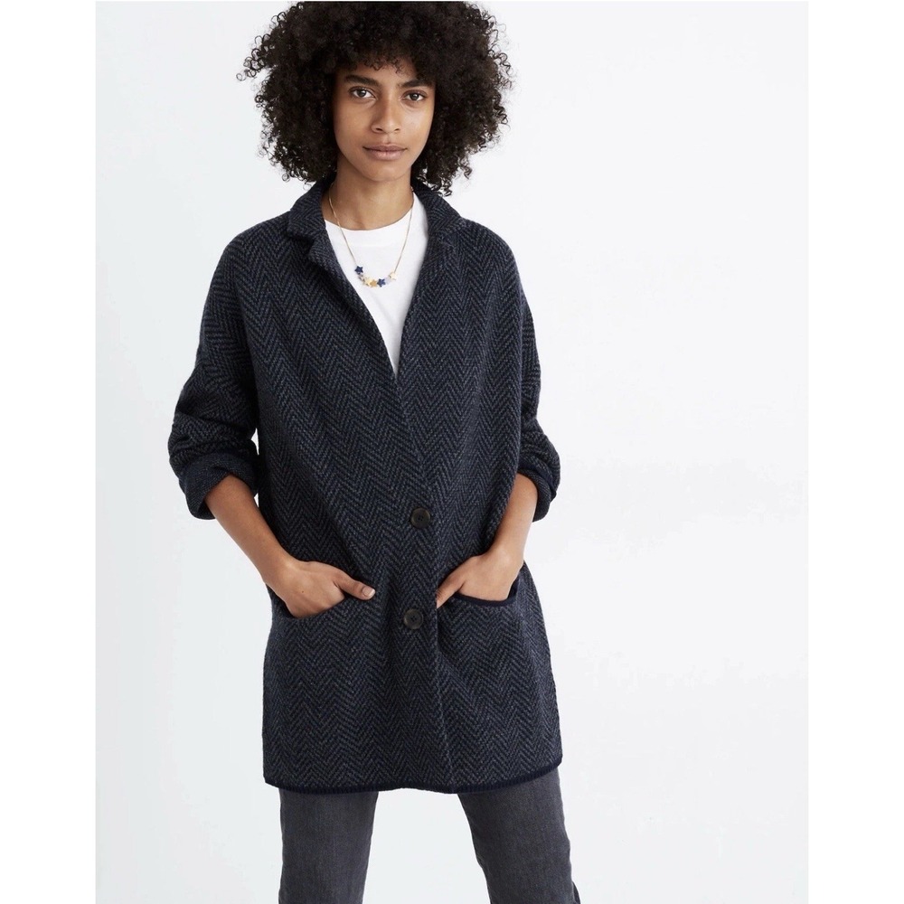 Madewell Blazer Sweater Jacket Womens XS Blue Herringbone Wool‎ Blend Cardigan